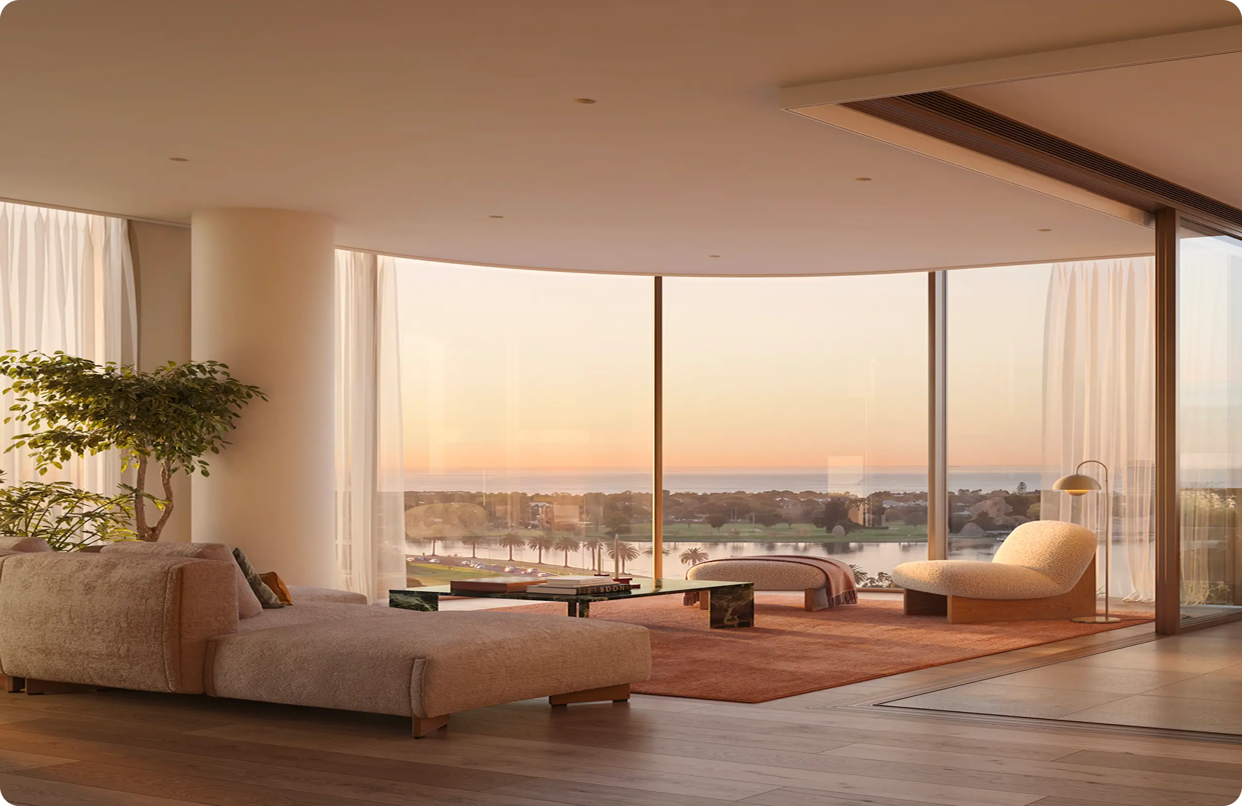 Living room with views over Albert Park Lake at Encore