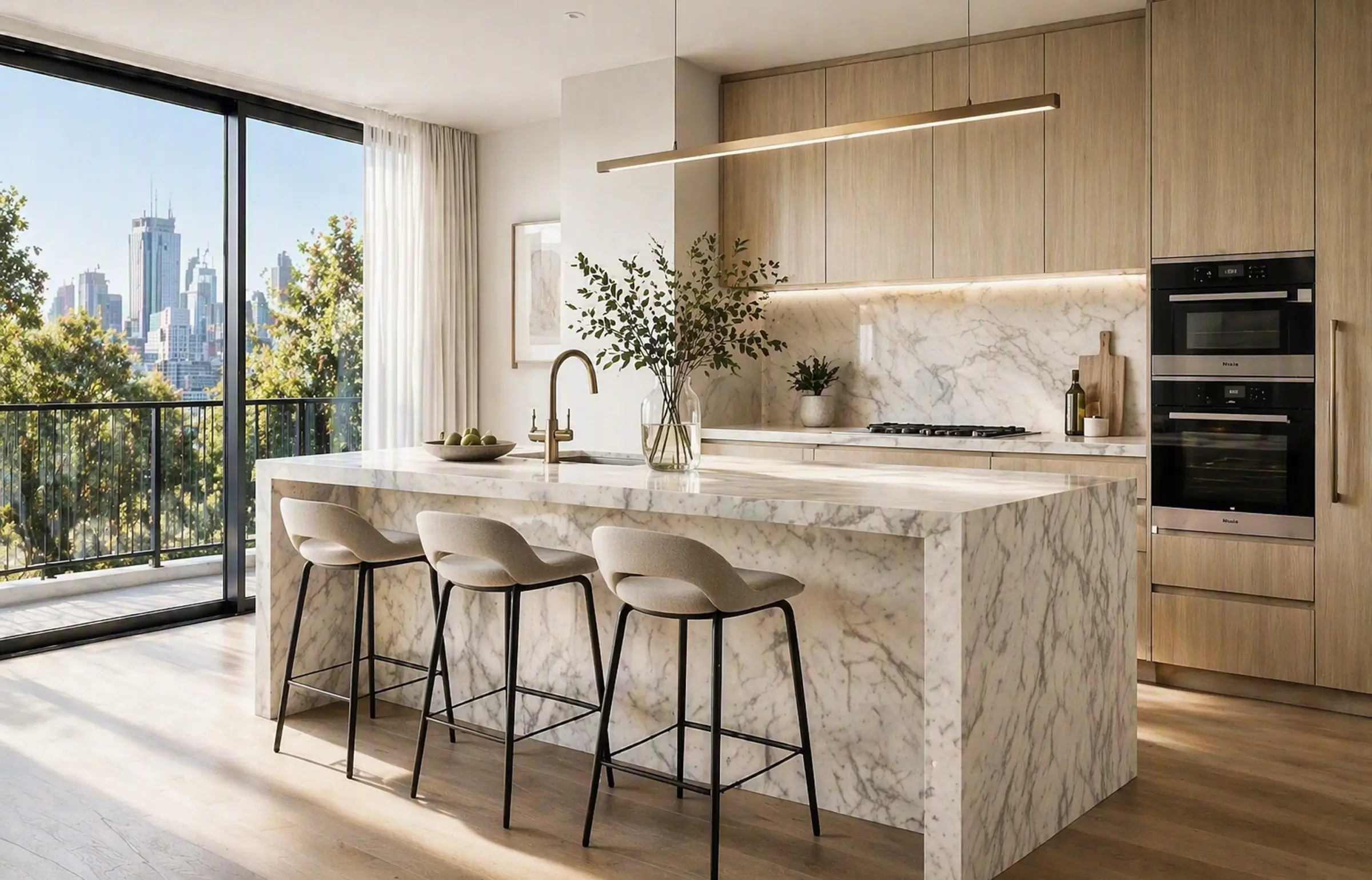 A light-filled kitchen with a marble island and city views